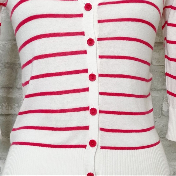 CACHE CACHE White & Red Striped Button Down Quarter Sleeve Cardigan Sweater Sm - Picture 5 of 13